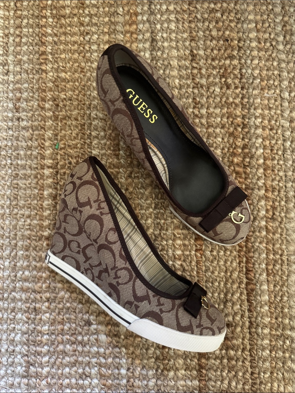 Vintage GUESS Brown Logo Canvas Wedge Sneakers with Bow